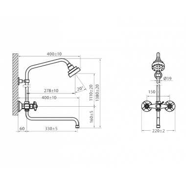 Душевая система с жесткой стойкой и изливом Ретро Душевая система с жесткой стойкой и изливом Ретро