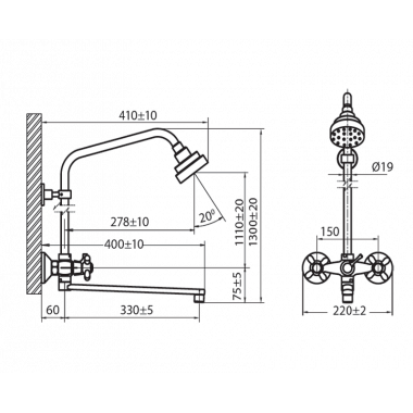 Душевая система с жесткой стойкой и плоским изливом Бета Душевая система с жесткой стойкой и плоским изливом Бета